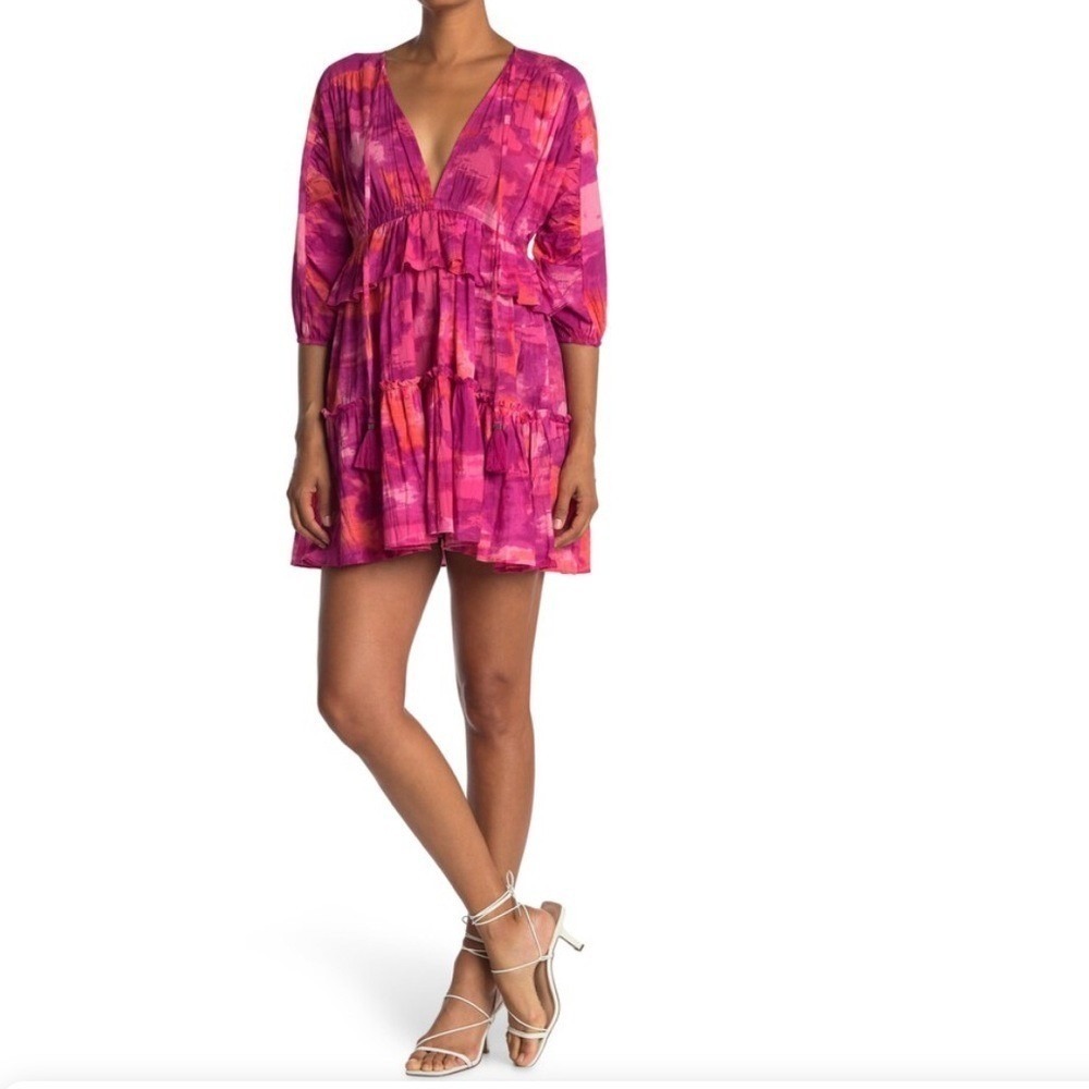 NSR Pink & Orange Open V-Neck Cotton Ruffled 3/4 Sleeve Mini Dress. Size Medium.
